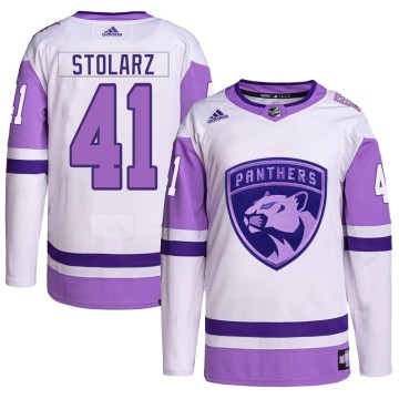 Authentic Adidas Men's Anthony Stolarz Florida Panthers Hockey Fights Cancer Primegreen Jersey - White/Purple