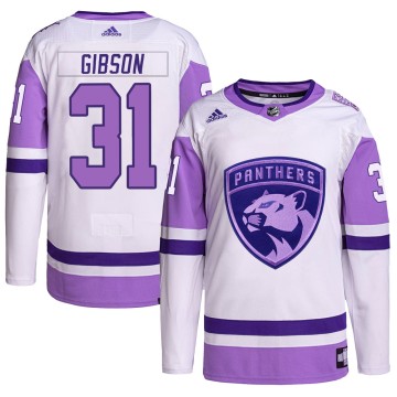 Authentic Adidas Men's Christopher Gibson Florida Panthers Hockey Fights Cancer Primegreen Jersey - White/Purple