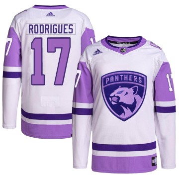 Authentic Adidas Men's Evan Rodrigues Florida Panthers Hockey Fights Cancer Primegreen Jersey - White/Purple