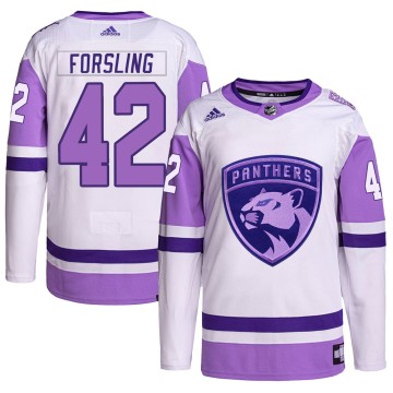 Authentic Adidas Men's Gustav Forsling Florida Panthers Hockey Fights Cancer Primegreen Jersey - White/Purple