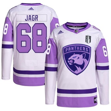Authentic Adidas Men's Jaromir Jagr Florida Panthers Hockey Fights Cancer Primegreen 2023 Stanley Cup Final Jersey - White/Purpl