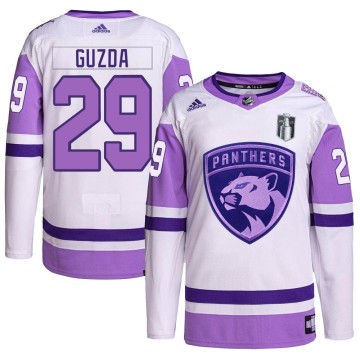 Authentic Adidas Men's Mack Guzda Florida Panthers Hockey Fights Cancer Primegreen 2023 Stanley Cup Final Jersey - White/Purple