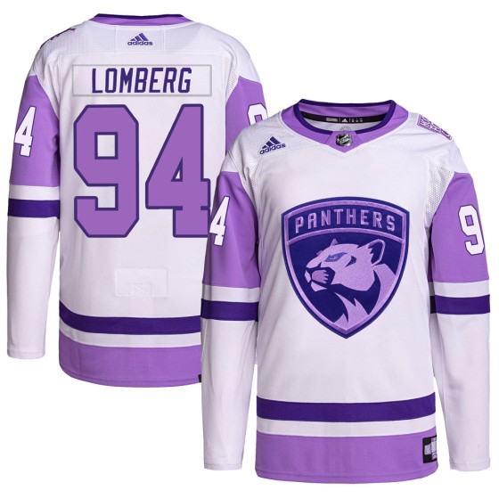 Authentic Adidas Men's Ryan Lomberg Florida Panthers Hockey Fights Cancer Primegreen Jersey - White/Purple