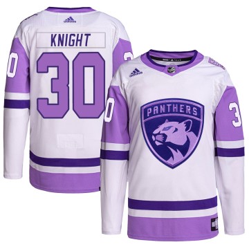 Authentic Adidas Men's Spencer Knight Florida Panthers Hockey Fights Cancer Primegreen Jersey - White/Purple