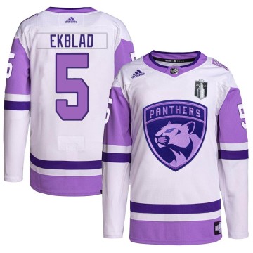 Authentic Adidas Youth Aaron Ekblad Florida Panthers Hockey Fights Cancer Primegreen 2023 Stanley Cup Final Jersey - White/Purpl