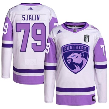 Authentic Adidas Youth Calle Sjalin Florida Panthers Hockey Fights Cancer Primegreen 2023 Stanley Cup Final Jersey - White/Purpl