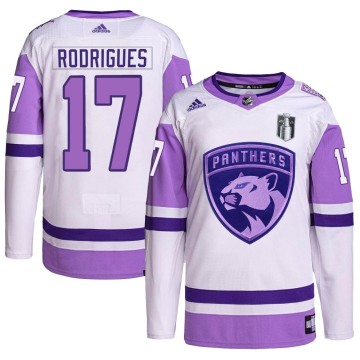 Authentic Adidas Youth Evan Rodrigues Florida Panthers Hockey Fights Cancer Primegreen 2023 Stanley Cup Final Jersey - White/Pur