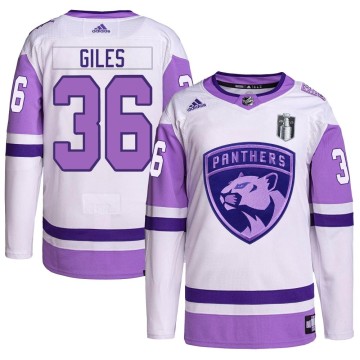 Authentic Adidas Youth Patrick Giles Florida Panthers Hockey Fights Cancer Primegreen 2023 Stanley Cup Final Jersey - White/Purp