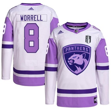 Authentic Adidas Youth Peter Worrell Florida Panthers Hockey Fights Cancer Primegreen 2023 Stanley Cup Final Jersey - White/Purp